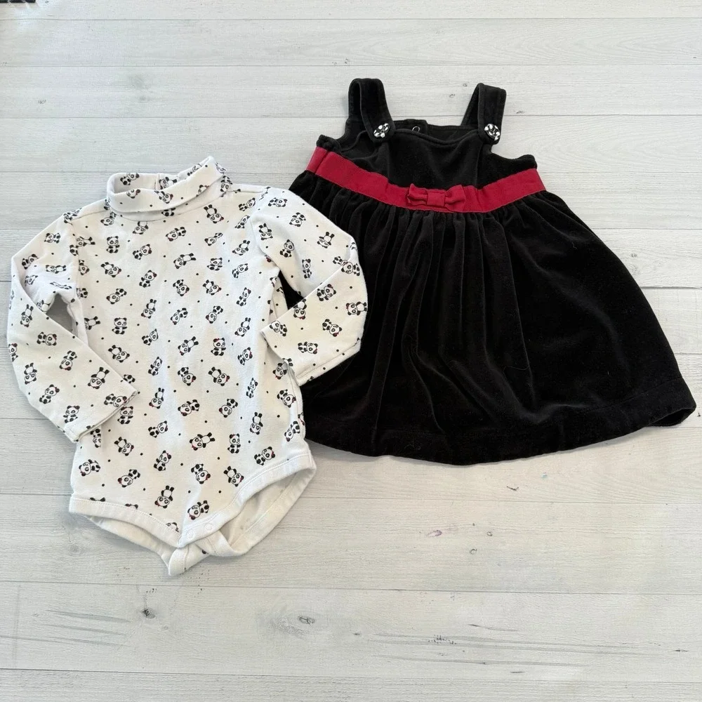 Gymboree girls black velvet dress with panda‎ bodysuit 2008 3T